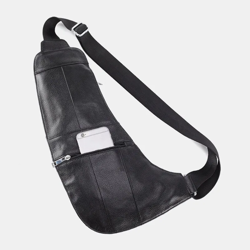 Men Solid Genuine Leather Headphone Plug Crossbody Bag Chest Bag Sling Bag