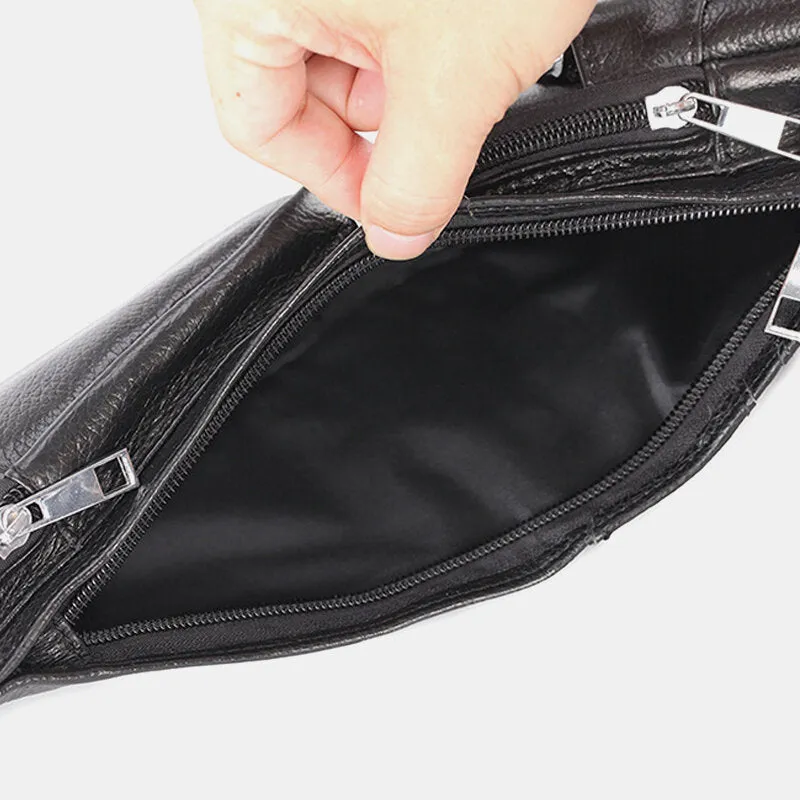 Men Solid Genuine Leather Headphone Plug Crossbody Bag Chest Bag Sling Bag