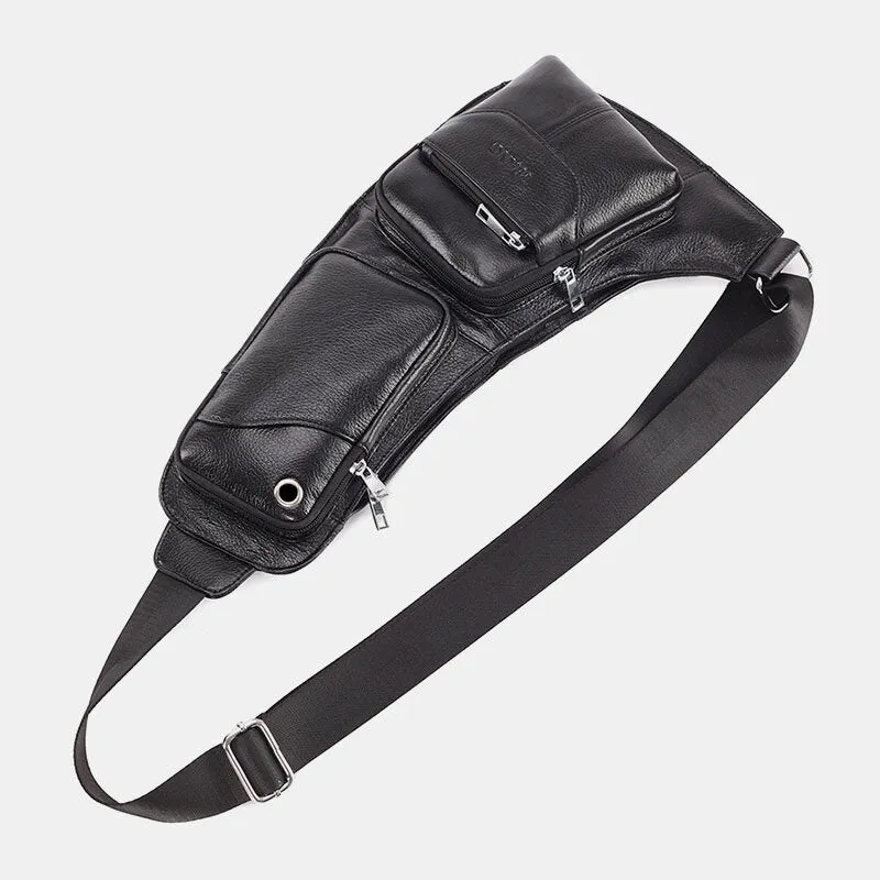 Men Solid Genuine Leather Headphone Plug Crossbody Bag Chest Bag Sling Bag