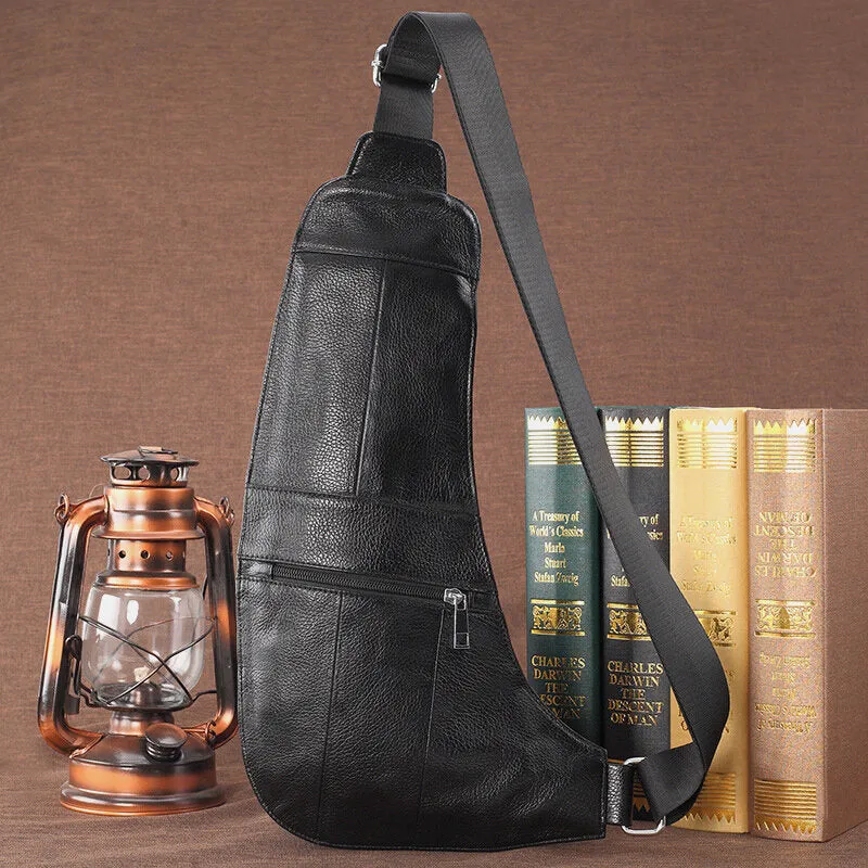 Men Solid Genuine Leather Headphone Plug Crossbody Bag Chest Bag Sling Bag