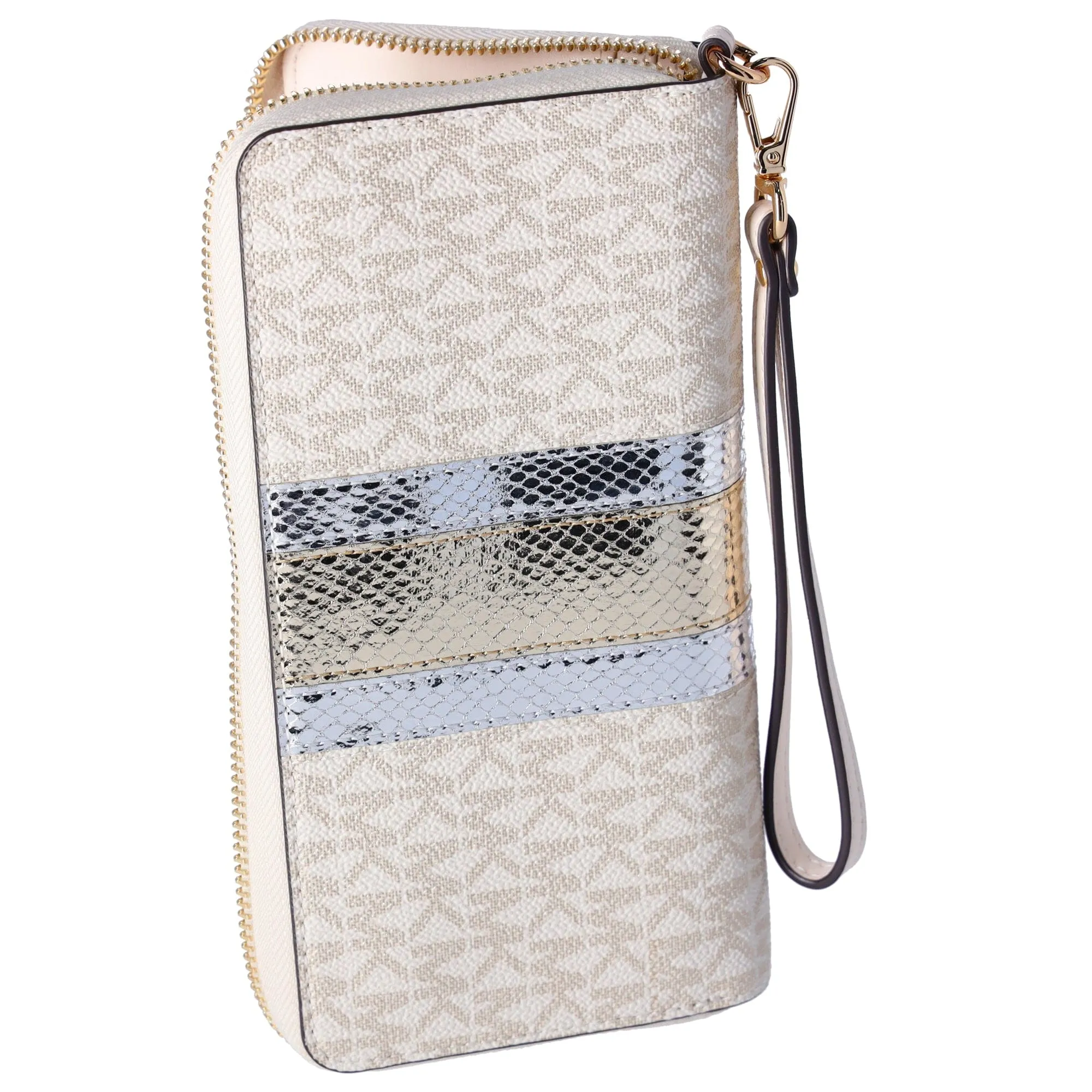 Michael Kors Jet Set Large Continental Wristlet Center Stripe MK Pale Gold