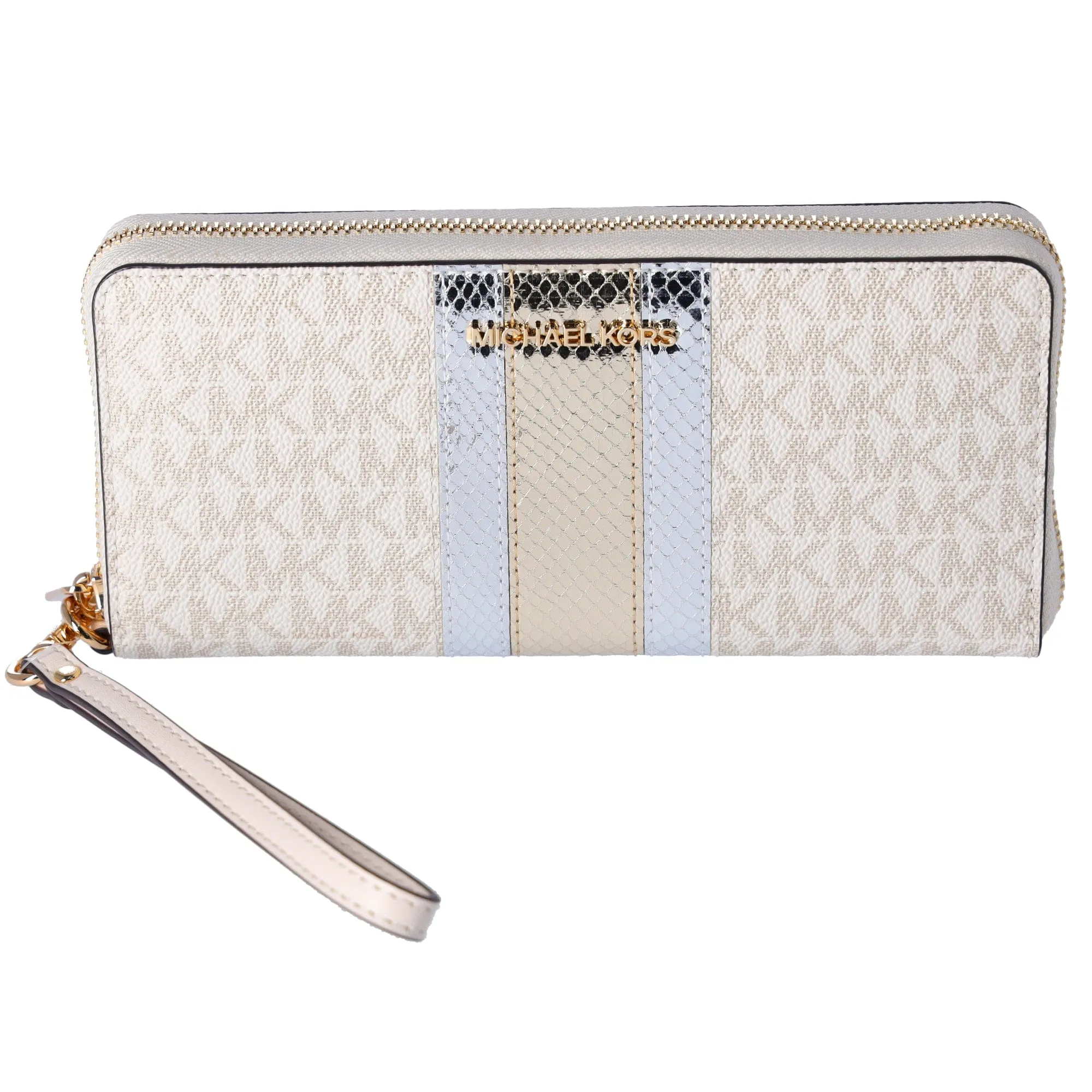 Michael Kors Jet Set Large Continental Wristlet Center Stripe MK Pale Gold