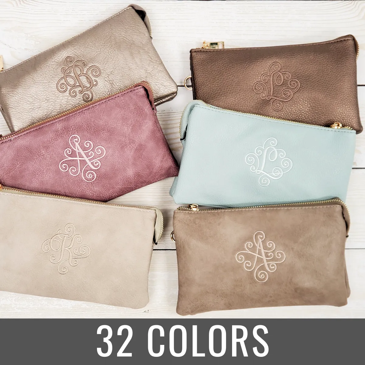 Monogrammed Vegan Leather Clutch 3 Compartment Crossbody Purse Bridesmaid Gift - 30  Colors
