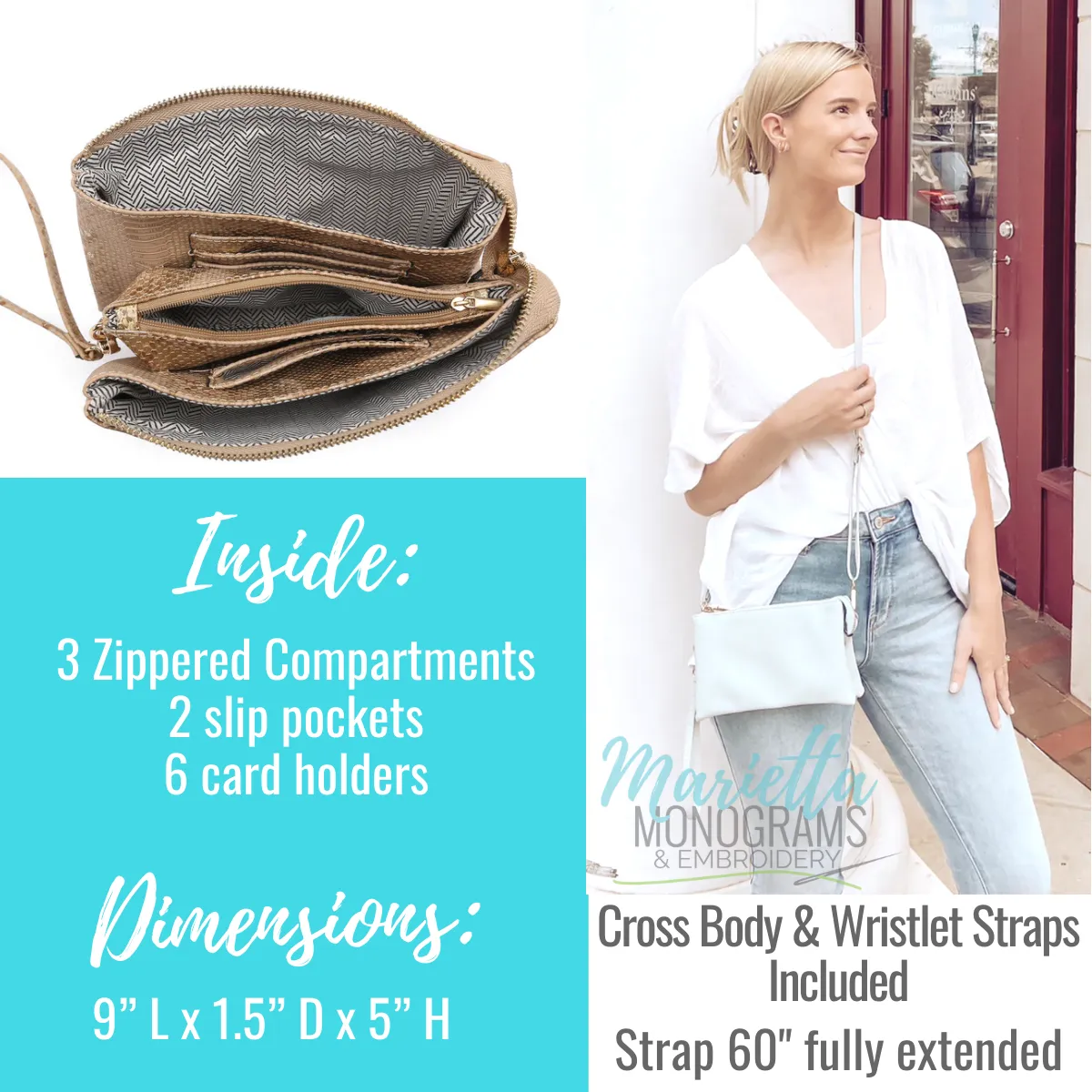 Monogrammed Vegan Leather Clutch 3 Compartment Crossbody Purse Bridesmaid Gift - 30  Colors