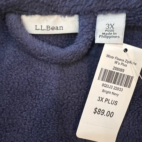 NWT LL Bean Women’s Plus Size 3X Full Zip Winter Fleece Warm Robe Bright Navy