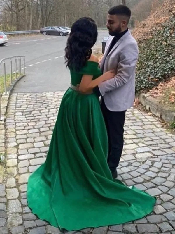 Off the Shoulder Green Satin Long Prom Dresses with Belt, Off Shoulder Green Formal Graduation Evening Dresses