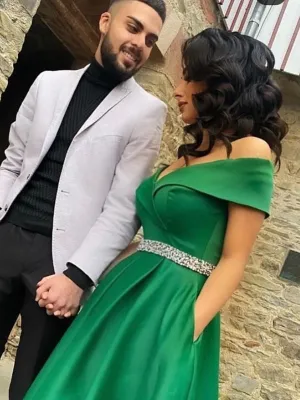 Off the Shoulder Green Satin Long Prom Dresses with Belt, Off Shoulder Green Formal Graduation Evening Dresses