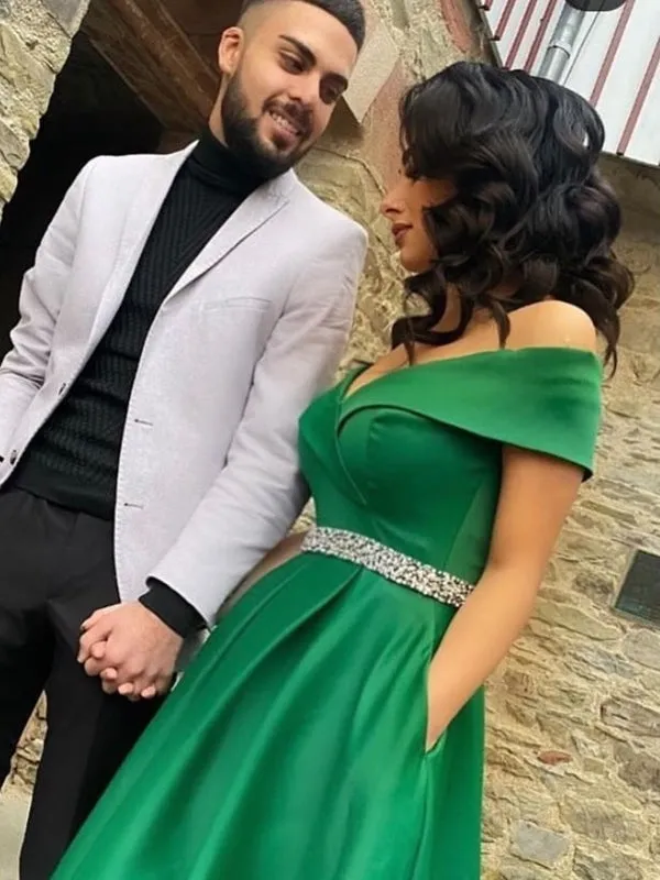 Off the Shoulder Green Satin Long Prom Dresses with Belt, Off Shoulder Green Formal Graduation Evening Dresses