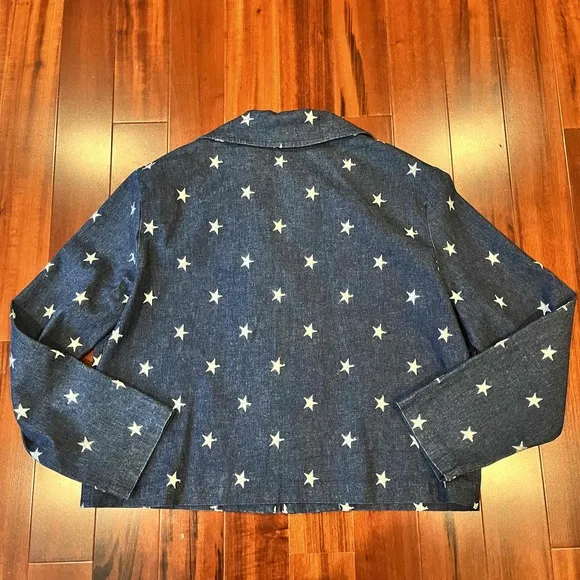 Painted Pony Vintage Navy Jacket Star Print Zip Denim Jean Shoulder Pads  Sz 14