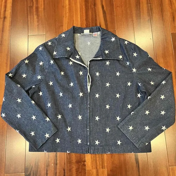 Painted Pony Vintage Navy Jacket Star Print Zip Denim Jean Shoulder Pads  Sz 14