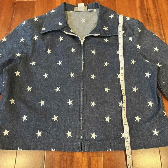 Painted Pony Vintage Navy Jacket Star Print Zip Denim Jean Shoulder Pads  Sz 14