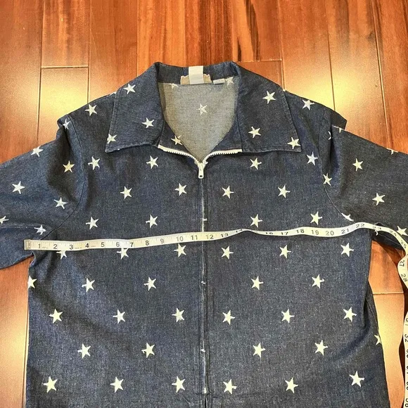 Painted Pony Vintage Navy Jacket Star Print Zip Denim Jean Shoulder Pads  Sz 14