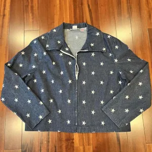Painted Pony Vintage Navy Jacket Star Print Zip Denim Jean Shoulder Pads  Sz 14