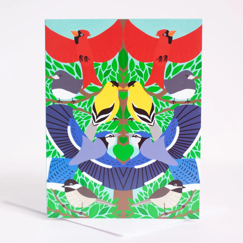 pennsylvania backyard birds art card, blank decorative card for any occasion, cardinal bird, goldfinch bird, blue jay bird