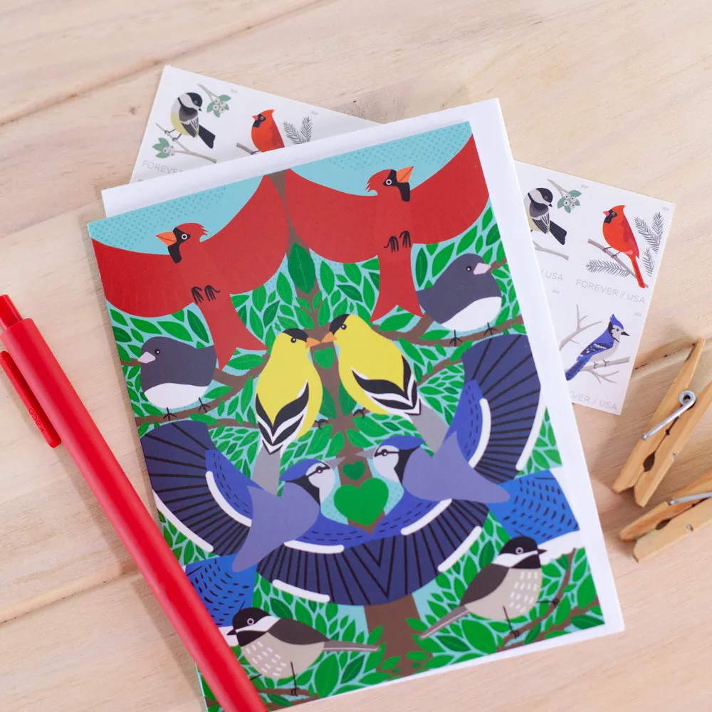 pennsylvania backyard birds art card, blank decorative card for any occasion, cardinal bird, goldfinch bird, blue jay bird