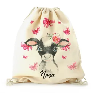 Personalised Canvas Drawstring Backpack with Cow Pink Bows and Cute Text