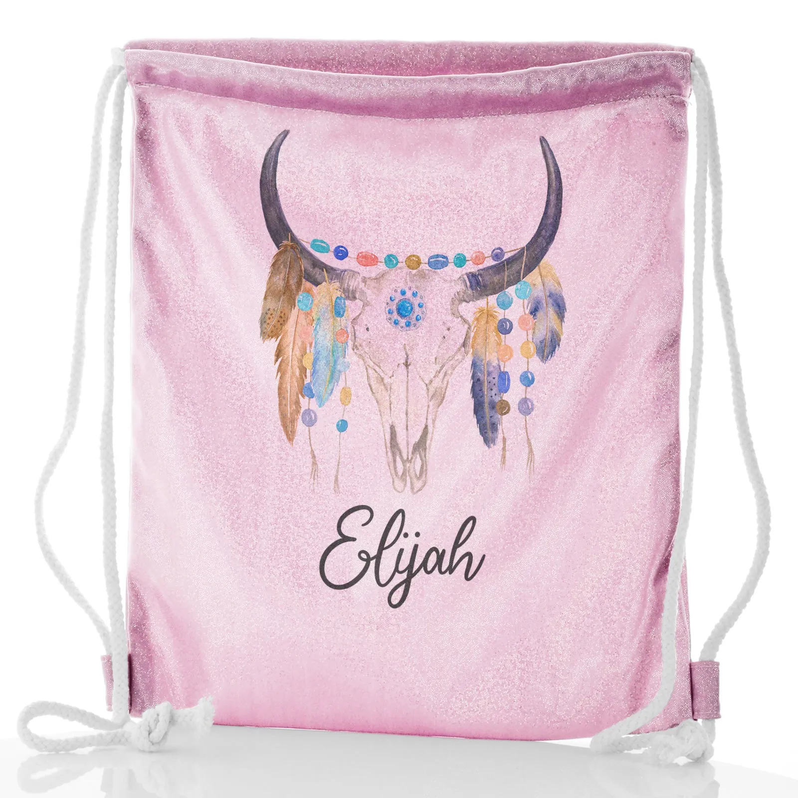 Personalised Glitter Drawstring Backpack with Cow Skull Feathers and Cute Text