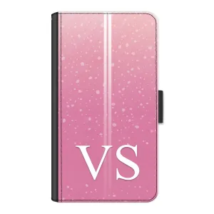 Personalised Honor Phone Leather Wallet with White Initials, Pin Stripes and Droplets on Pink