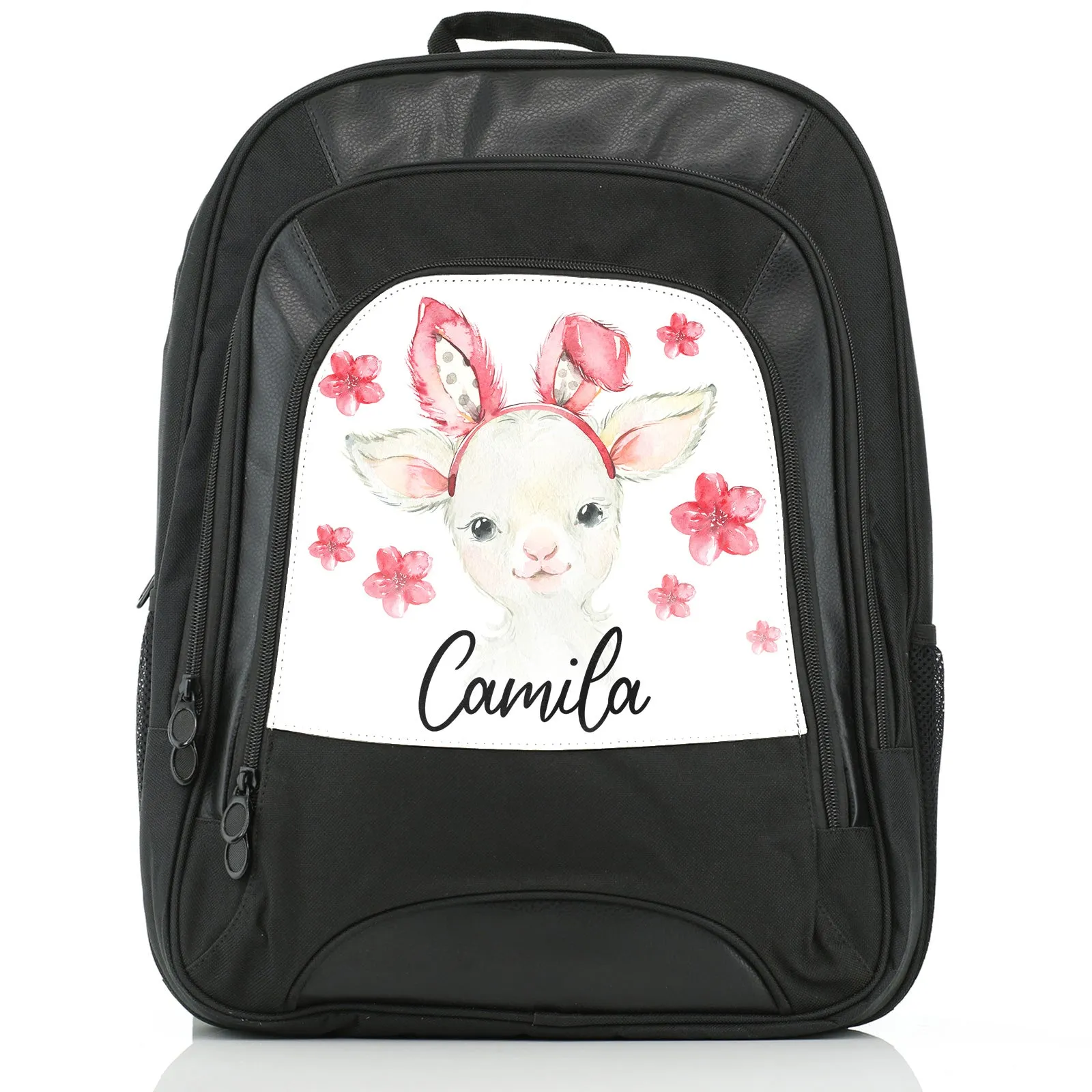 Personalised Rucksack with White Lamb Pink Bunny Ears and Flowers and Cute Text