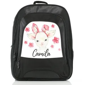 Personalised Rucksack with White Lamb Pink Bunny Ears and Flowers and Cute Text