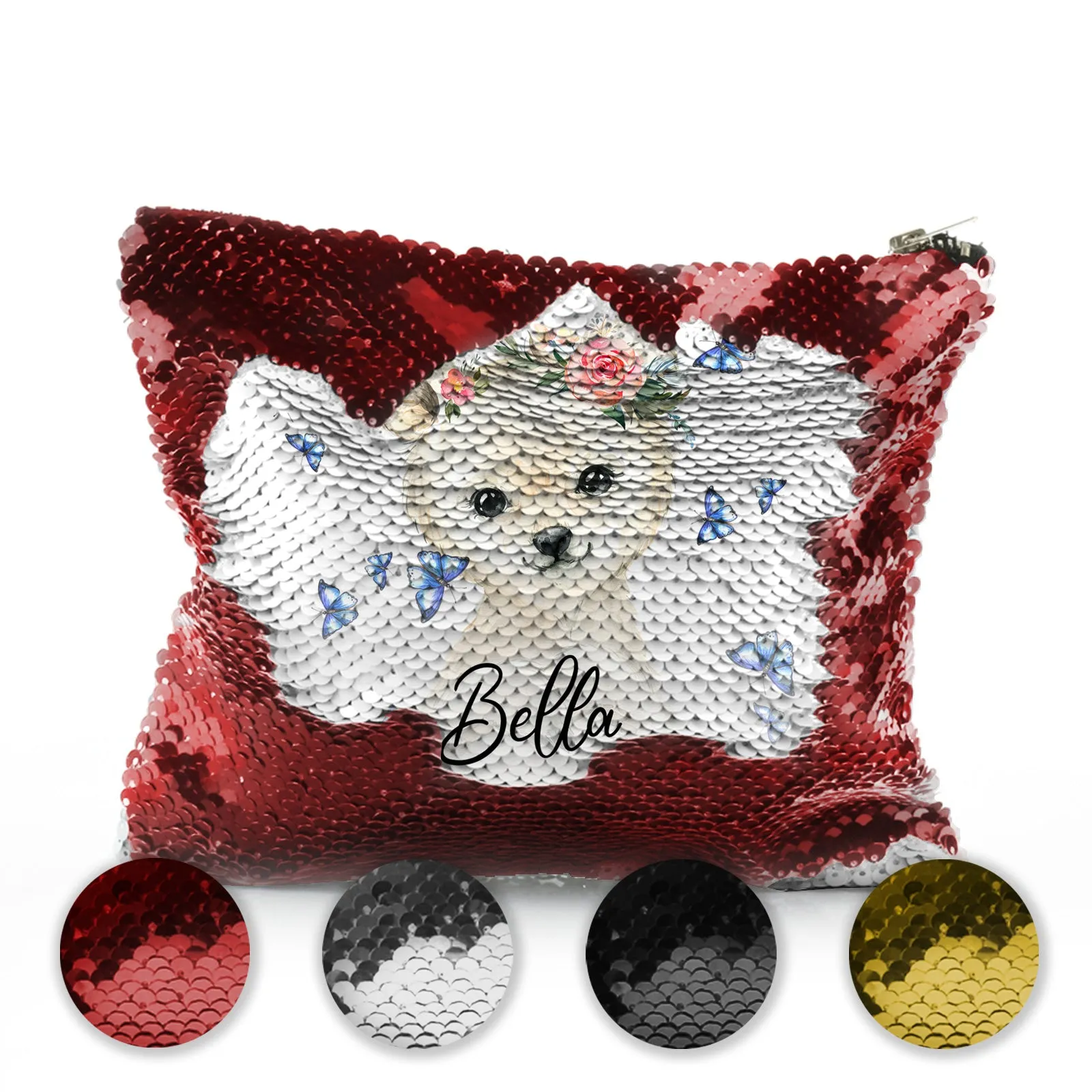 Personalised Sequin Zip Bag with White Polar Bear Blue Butterflies and Cute Text
