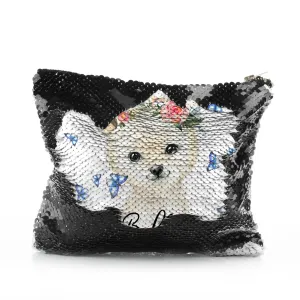 Personalised Sequin Zip Bag with White Polar Bear Blue Butterflies and Cute Text