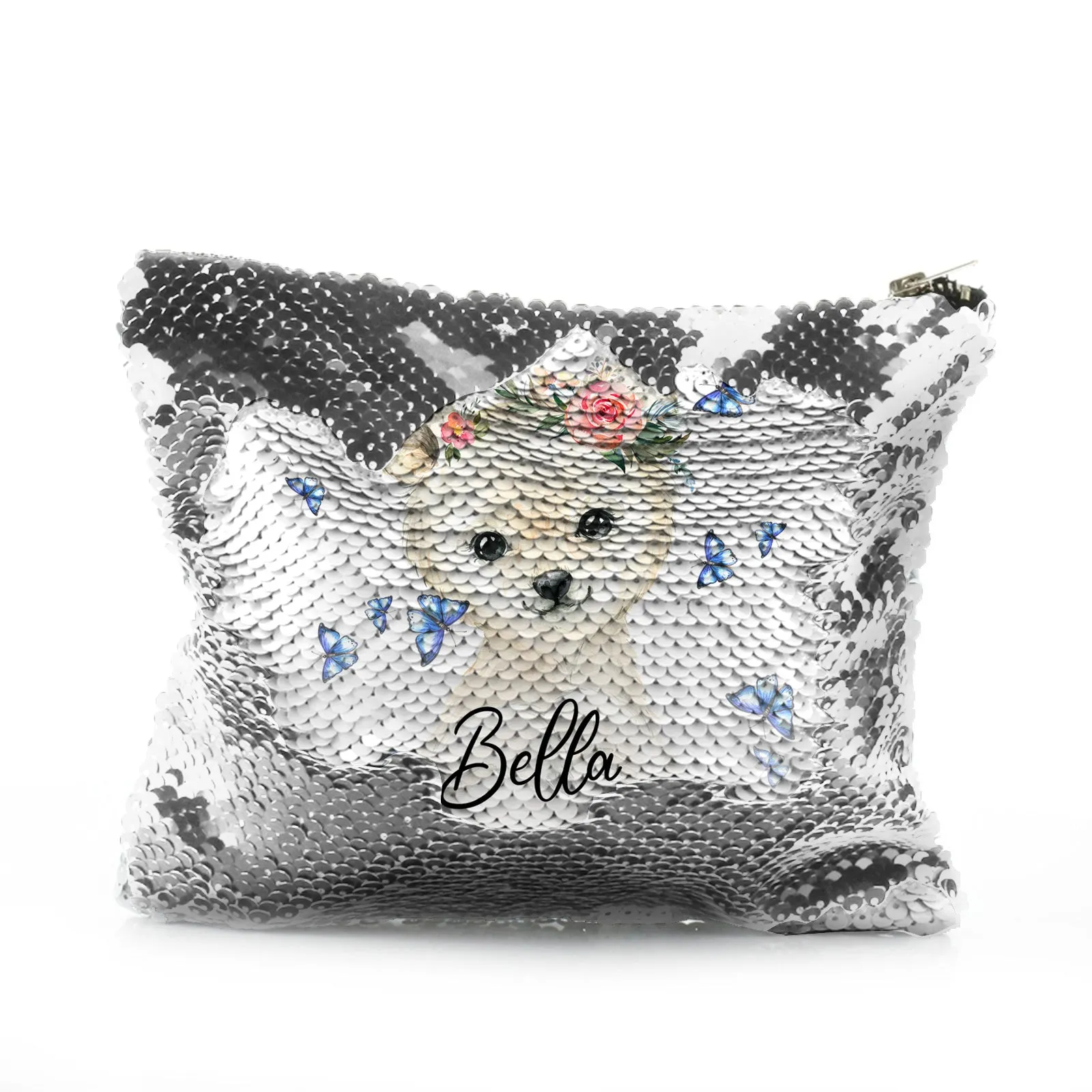 Personalised Sequin Zip Bag with White Polar Bear Blue Butterflies and Cute Text