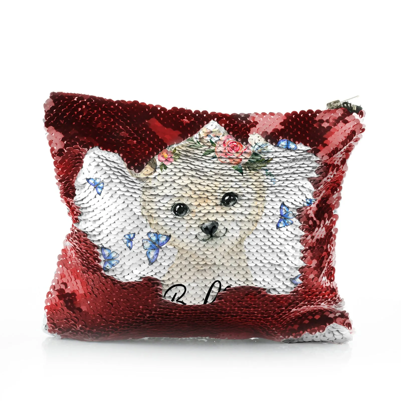 Personalised Sequin Zip Bag with White Polar Bear Blue Butterflies and Cute Text