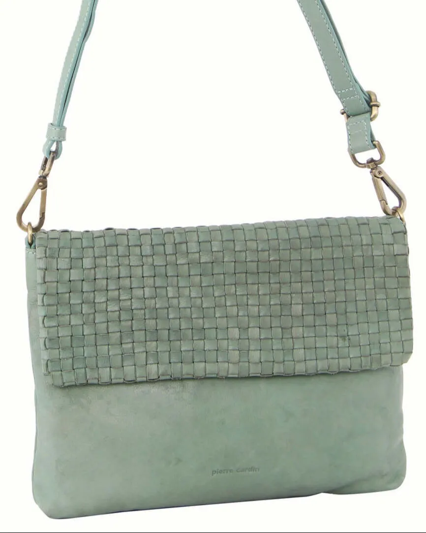 Pierre Cardin Womens Woven Leather Flap Cross-Body Bag/Clutch - Mint Green