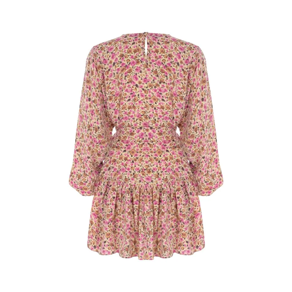 Pink Floral Patterned Mini Dress With Belt