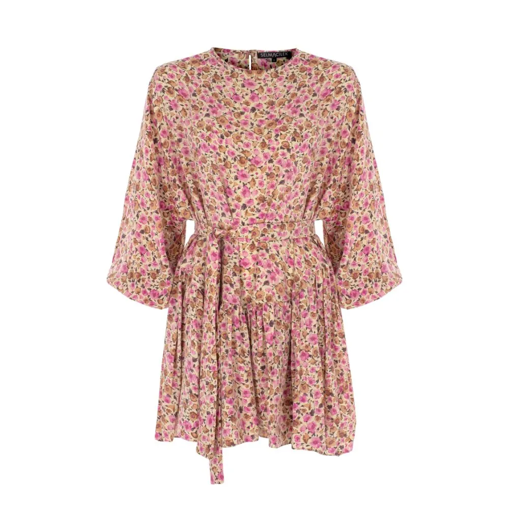 Pink Floral Patterned Mini Dress With Belt