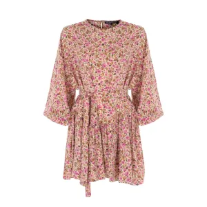 Pink Floral Patterned Mini Dress With Belt