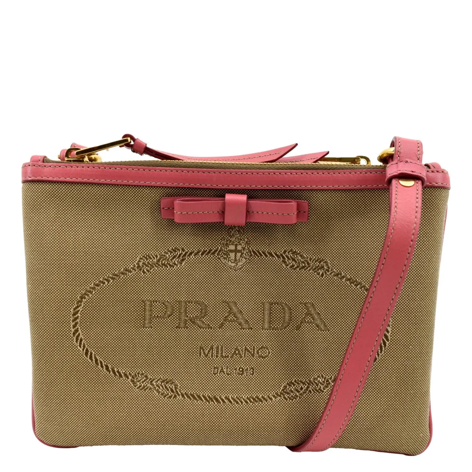 PRADA Jacquard Fabric Trim Crossbody Bag Brown