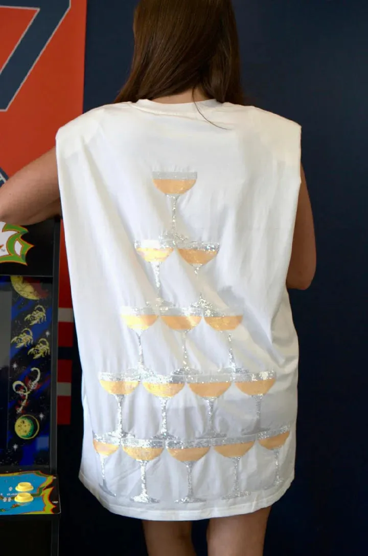 QUEENOF SPARKLES - CHAMPAGNE TOWER SHOULDER PAD DRESS DRESS