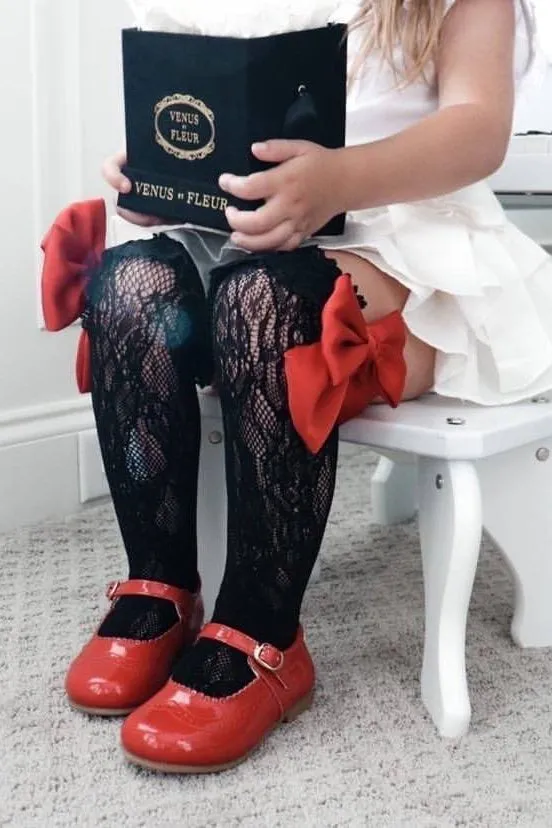 "Lola" Black Lace Satin Bow Socks