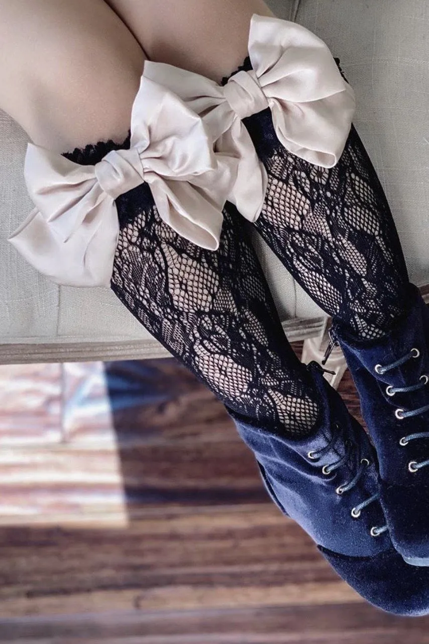 "Lola" Black Lace Satin Bow Socks