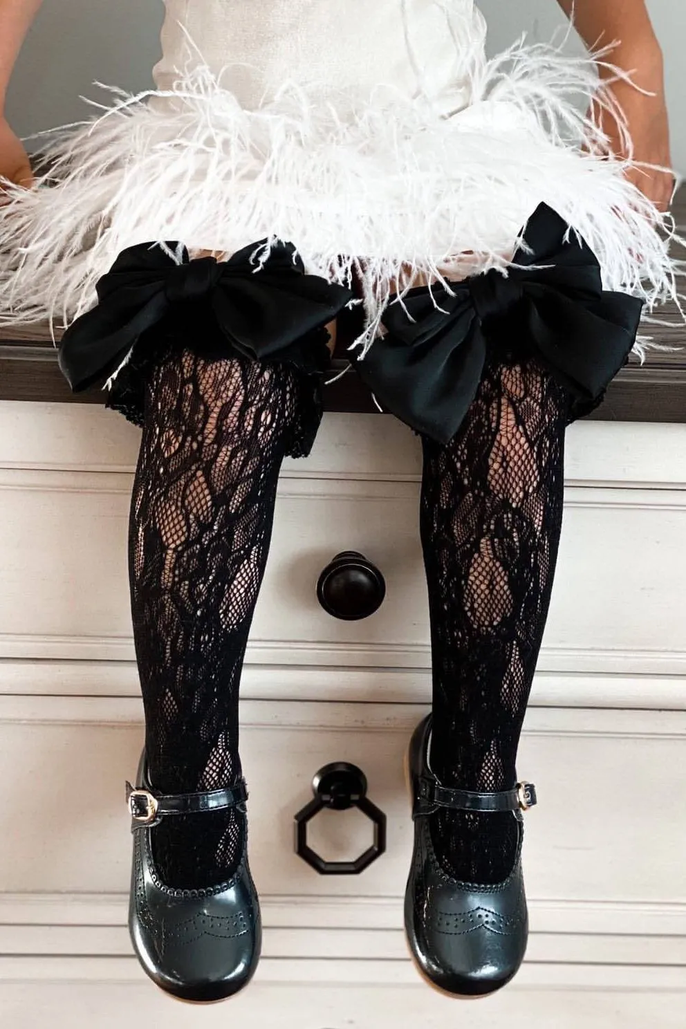 "Lola" Black Lace Satin Bow Socks