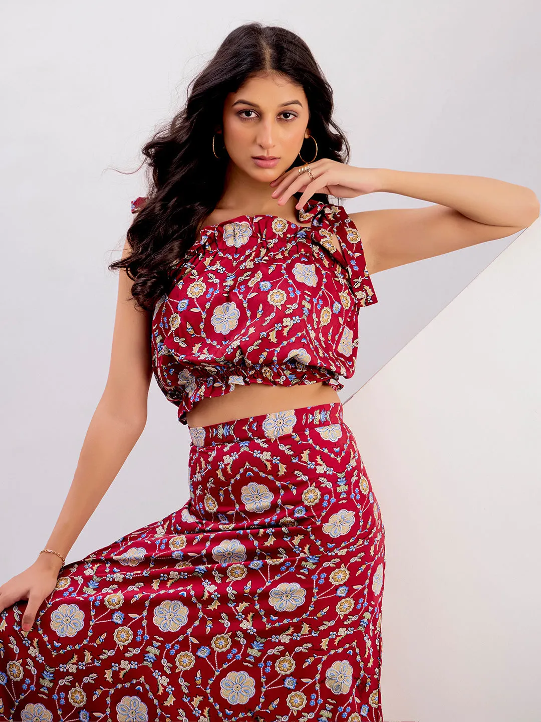 Red Floral Printed Crop Top With Skirt Co-ord Set