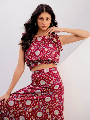 Red Floral Printed Crop Top With Skirt Co-ord Set