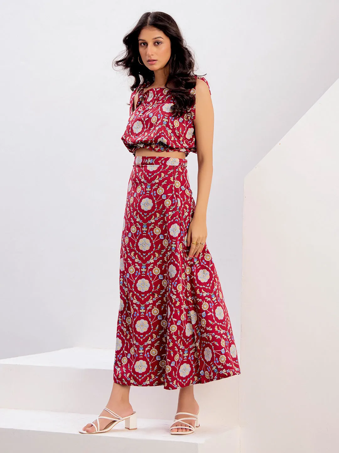 Red Floral Printed Crop Top With Skirt Co-ord Set