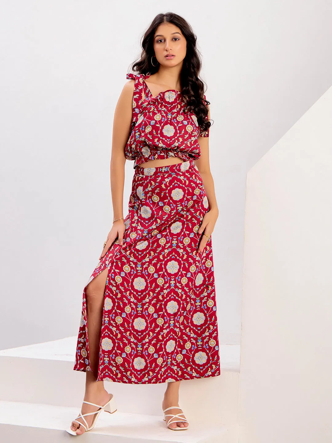 Red Floral Printed Crop Top With Skirt Co-ord Set
