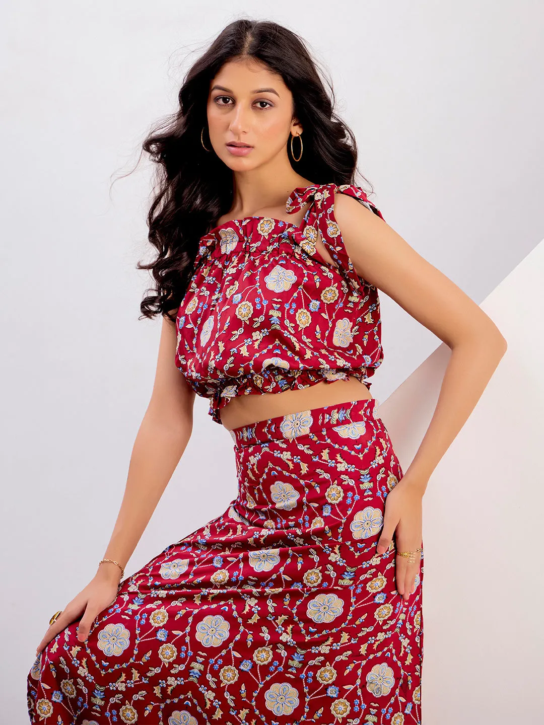 Red Floral Printed Crop Top With Skirt Co-ord Set