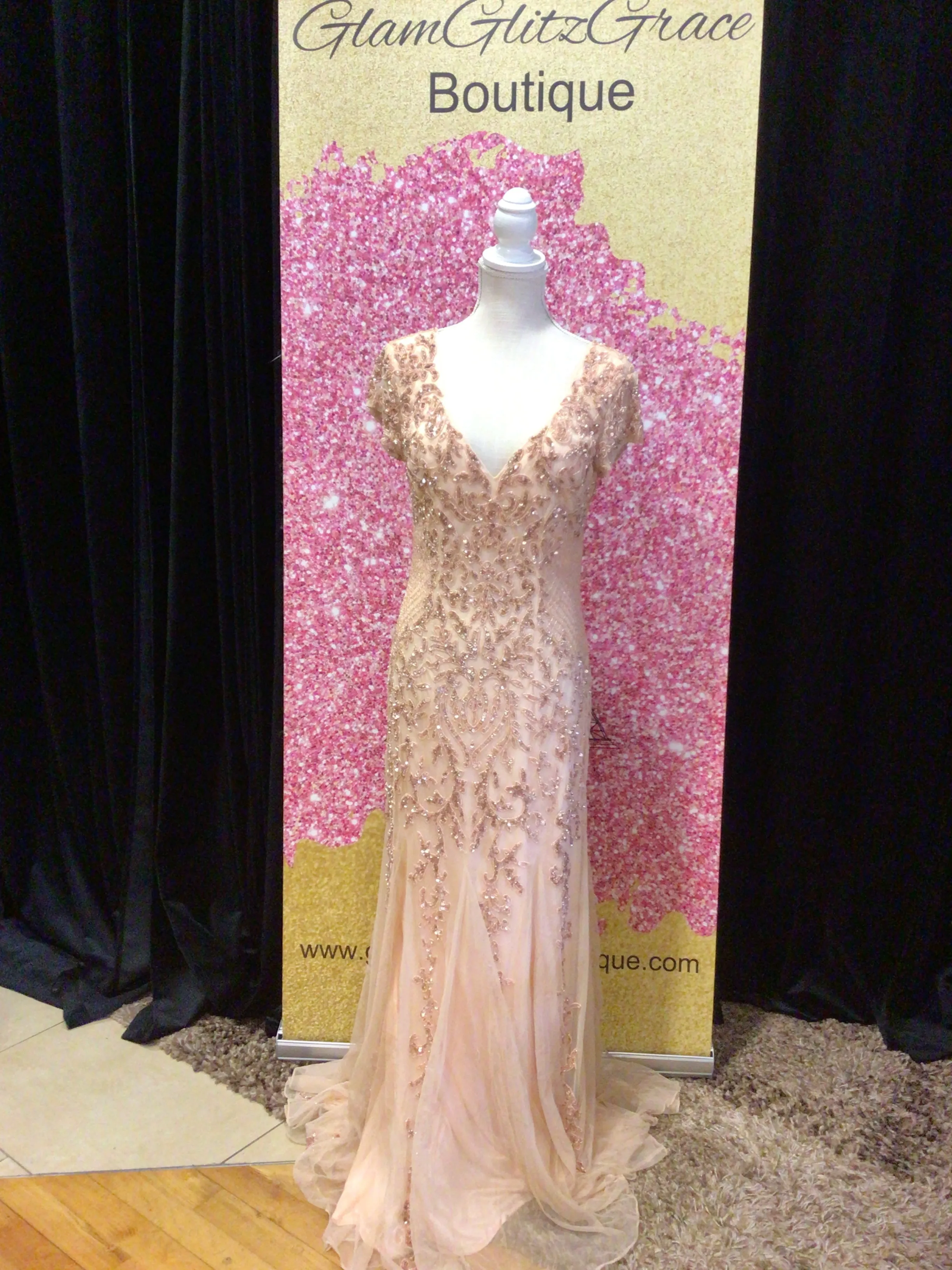 Rose Gold V-Cut Cape Sleeves Beaded Sequin Floral Patterned Dress
