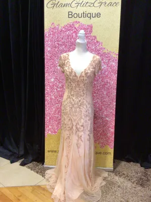 Rose Gold V-Cut Cape Sleeves Beaded Sequin Floral Patterned Dress