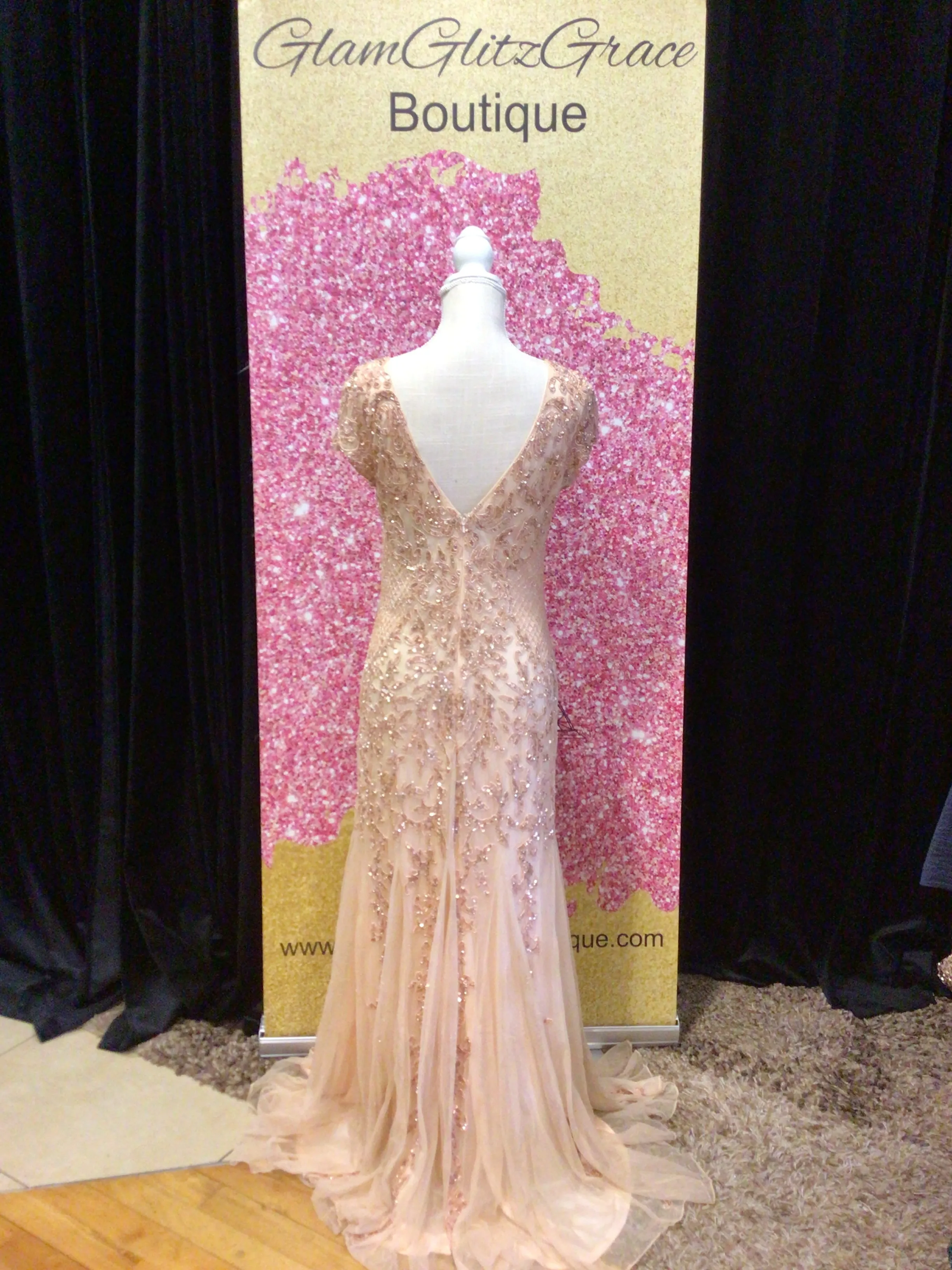 Rose Gold V-Cut Cape Sleeves Beaded Sequin Floral Patterned Dress