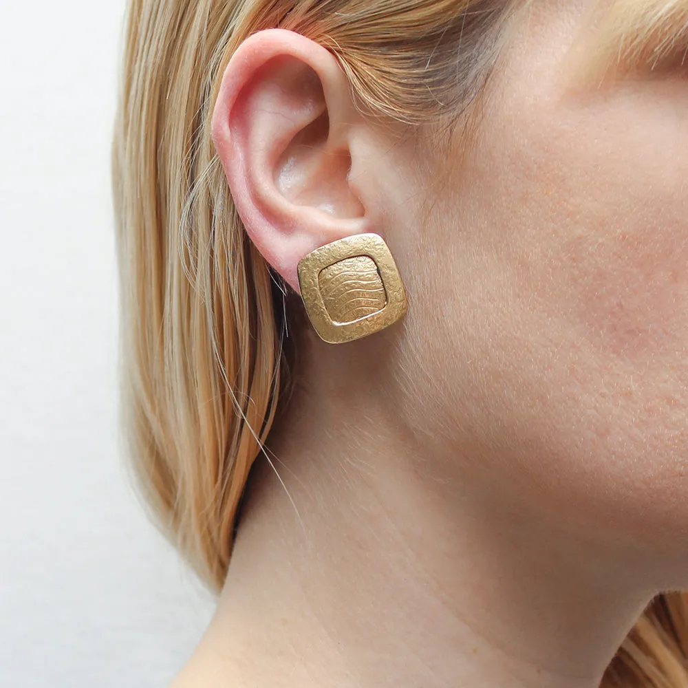 Rounded Square Frame with Patterned Center Post or Clip Earring