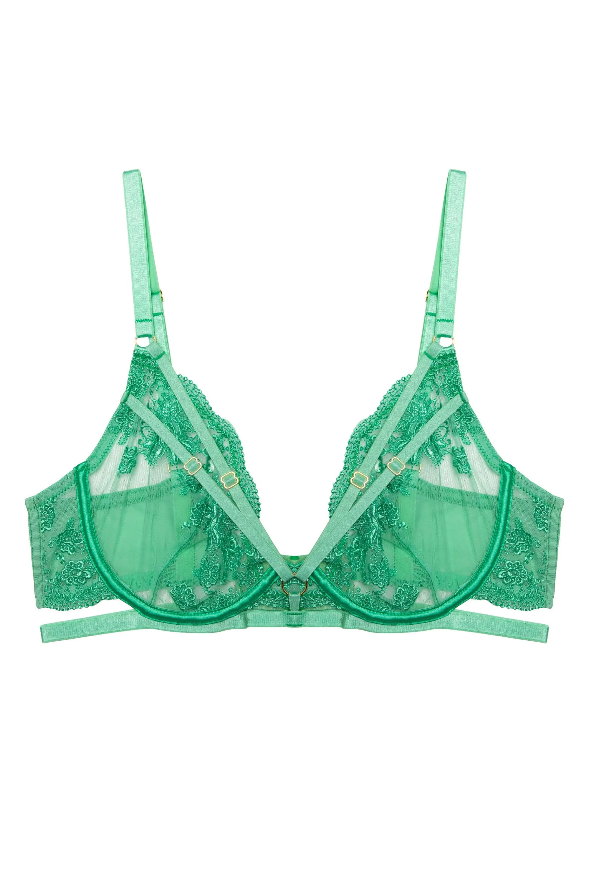 Sarina Embroidery Strap Plunge Bra In Green - Wolf & Whistle