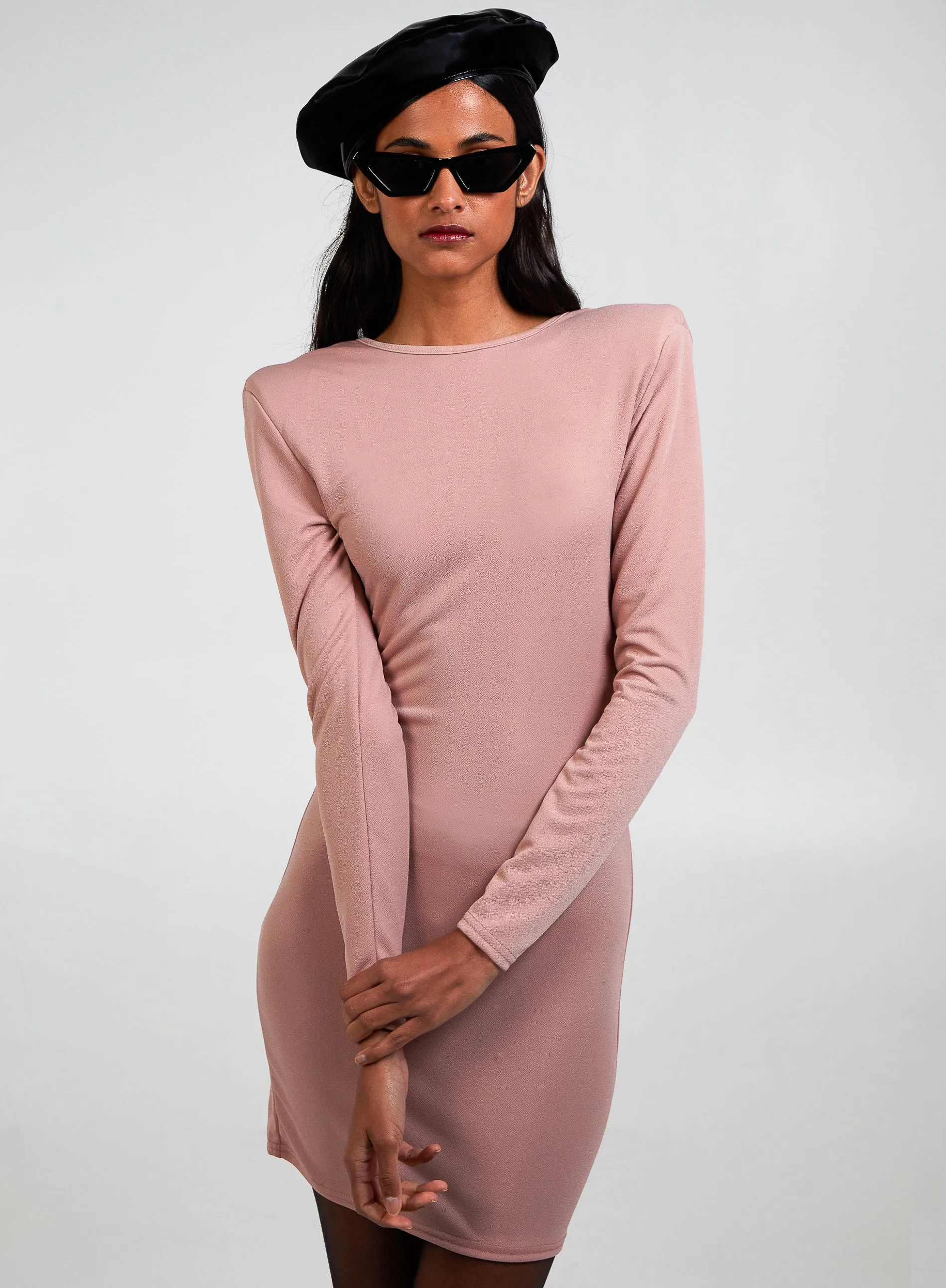 Scoop Neck Long Sleeve Shoulder Pad Dress