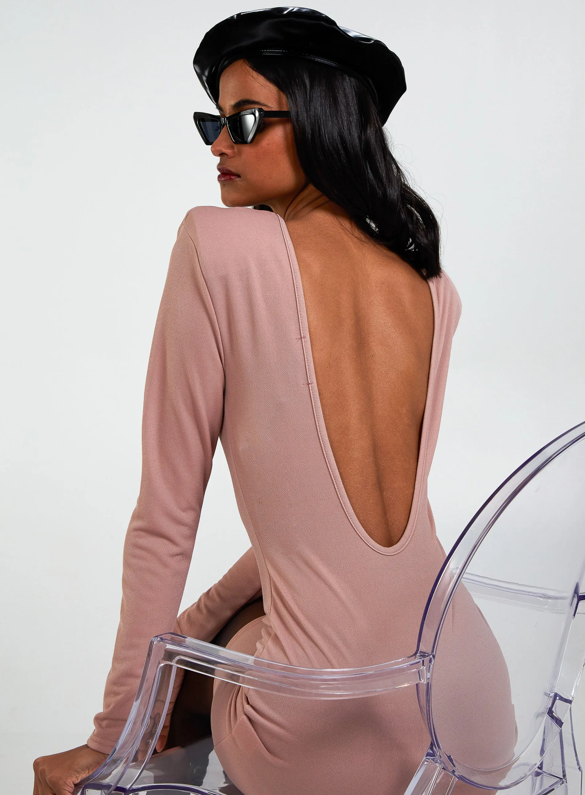 Scoop Neck Long Sleeve Shoulder Pad Dress