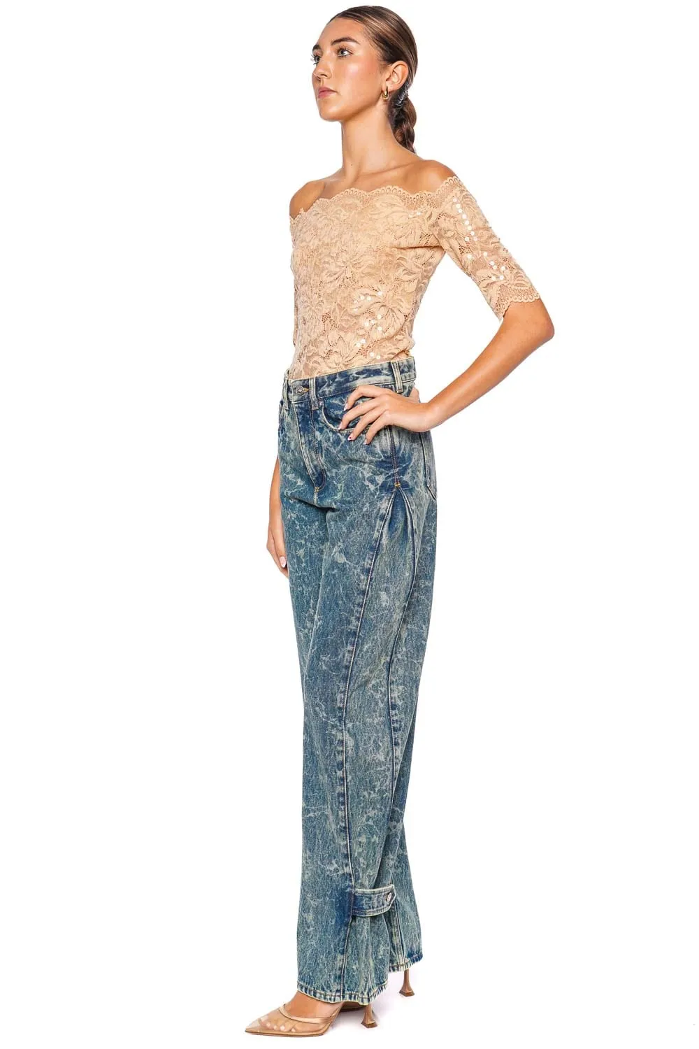 Sequin Embroidered Lace Off Shoulder Top